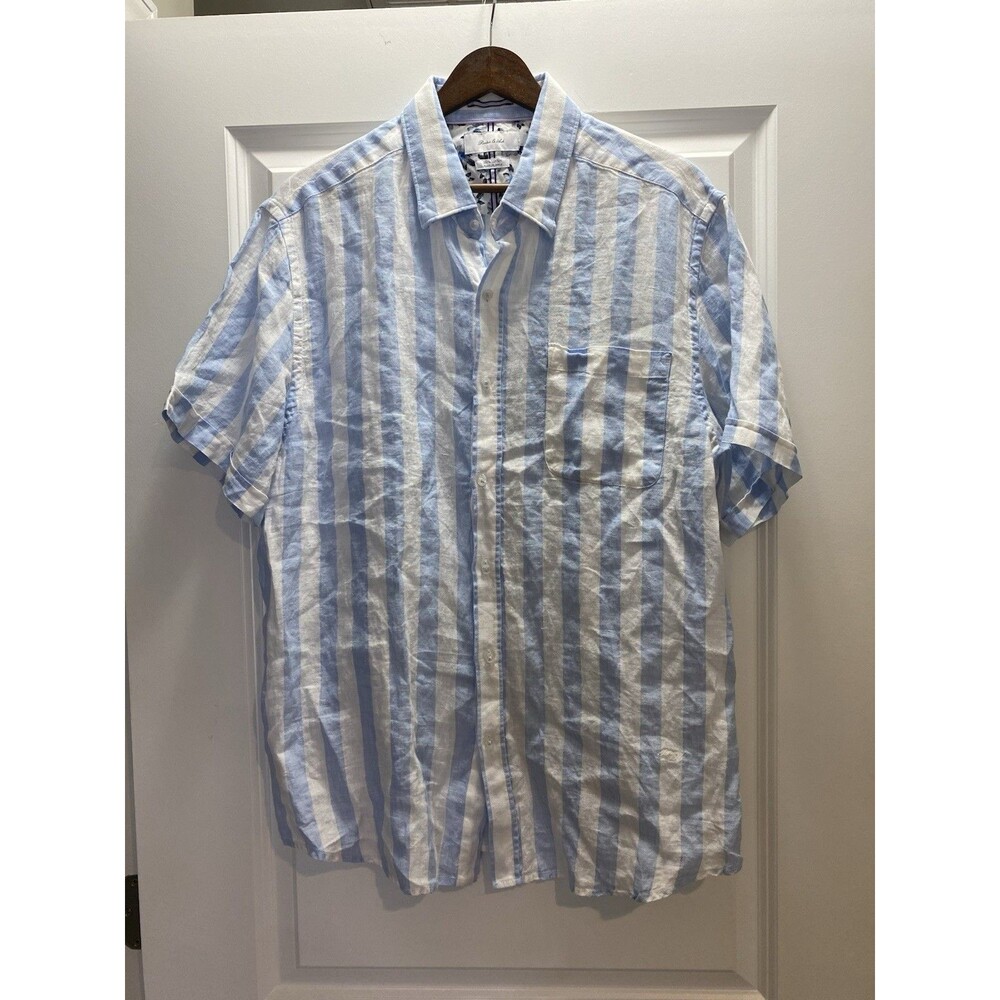 Porter And Ash Men Linen Shirt Size XL Button Up Blue White Striped Short Sleeve